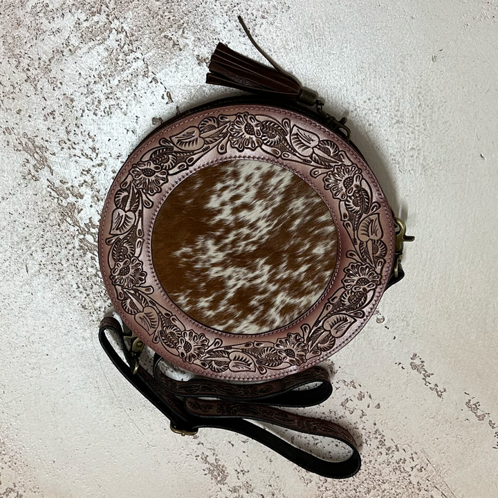 CC Round Tooled Leather and Cowhide Bag