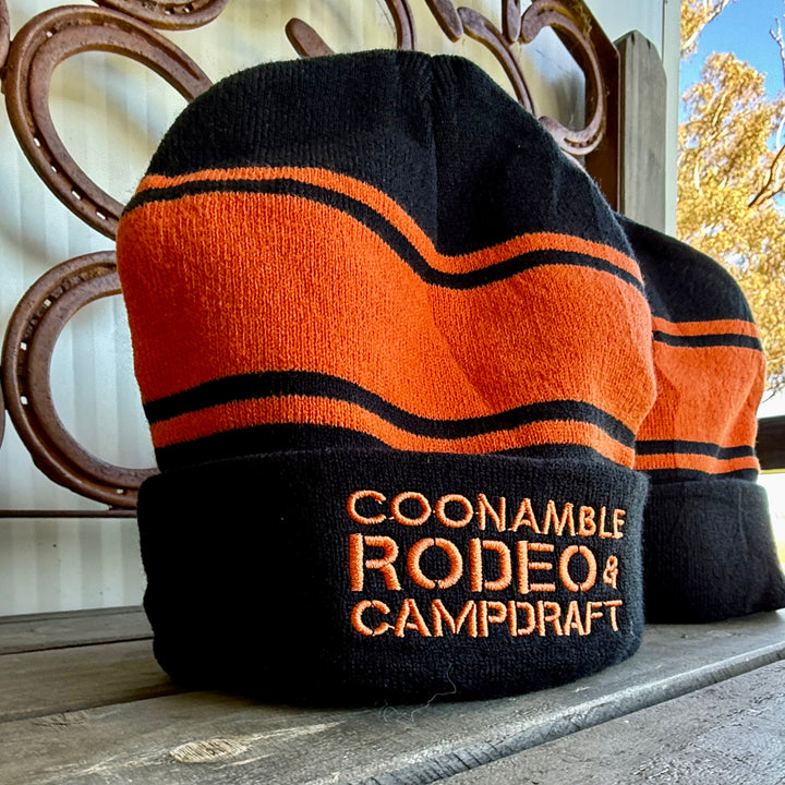 Coonamble Rodeo and Campdraft Black and Orange Beanie