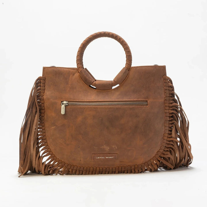 Brown leather handbag with fringe details on a white background