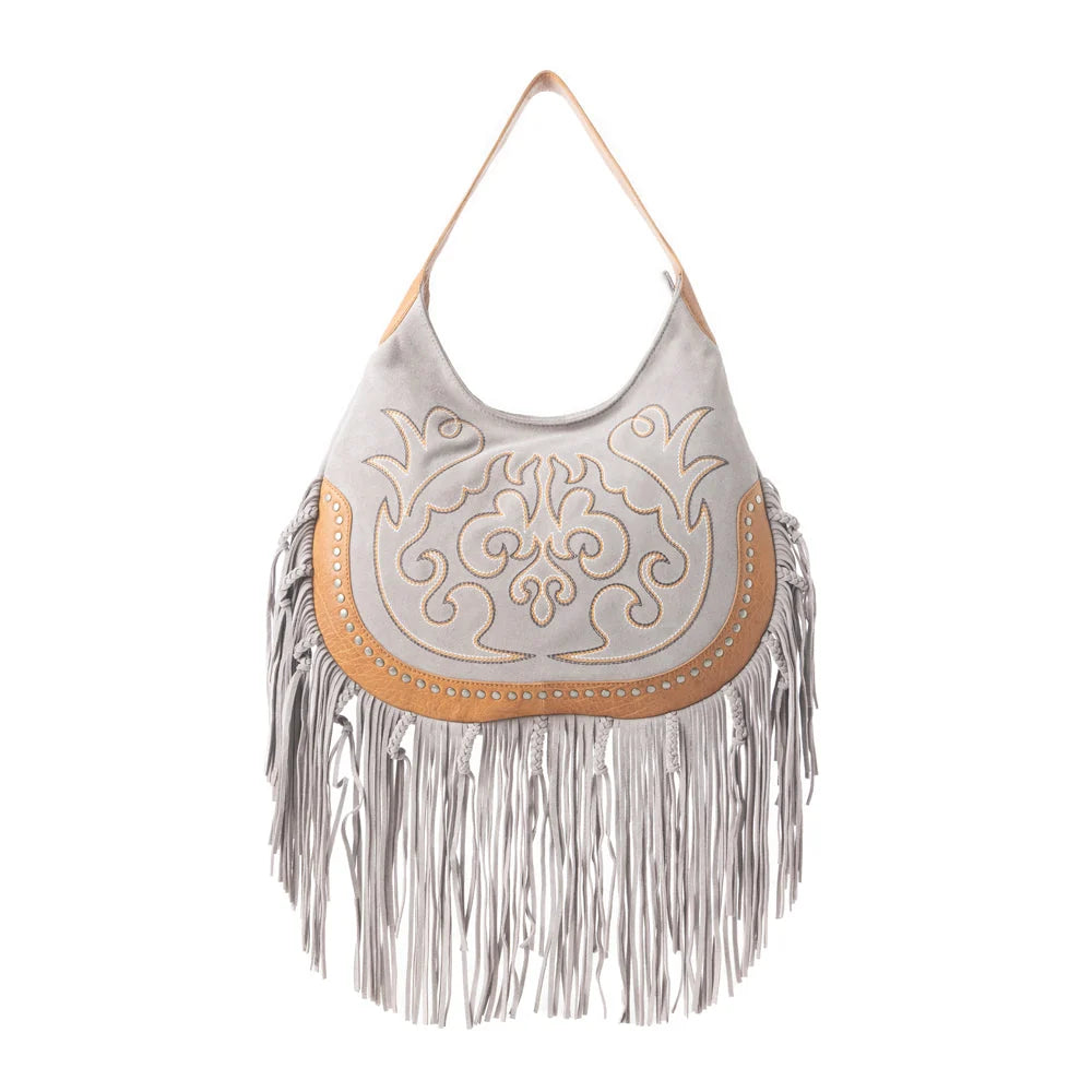 Sage Whisper Fringe Leather Bag In Pearl White