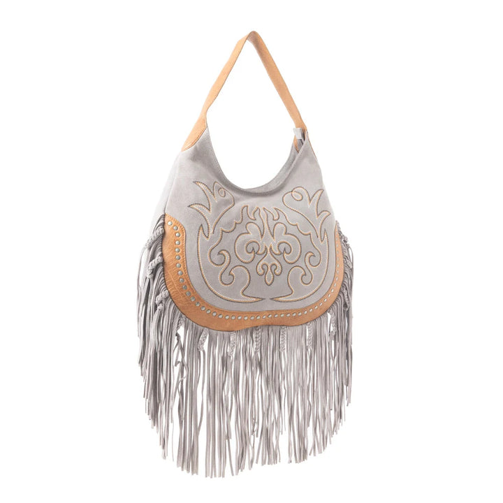 Sage Whisper Fringe Leather Bag In Pearl White