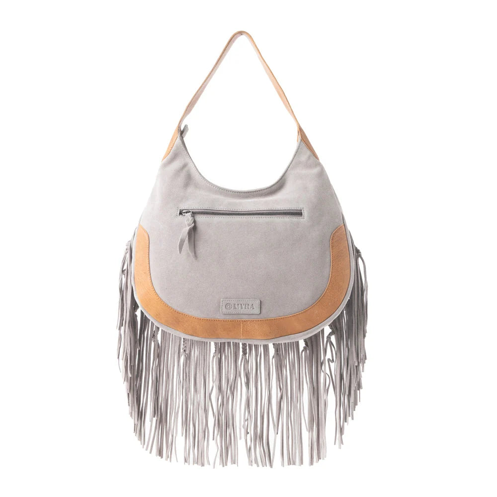 Sage Whisper Fringe Leather Bag In Pearl White