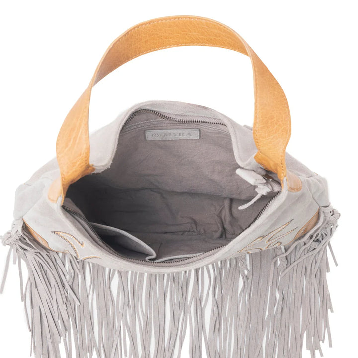 Sage Whisper Fringe Leather Bag In Pearl White