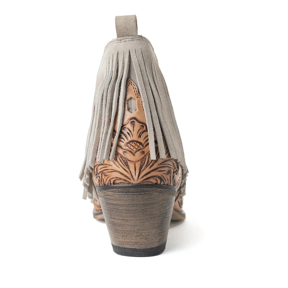 Cimarron Belle Fringed Handtooled Leather Booties In Wild Tan