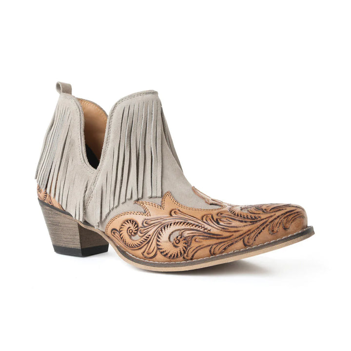 Cimarron Belle Fringed Handtooled Leather Booties In Wild Tan