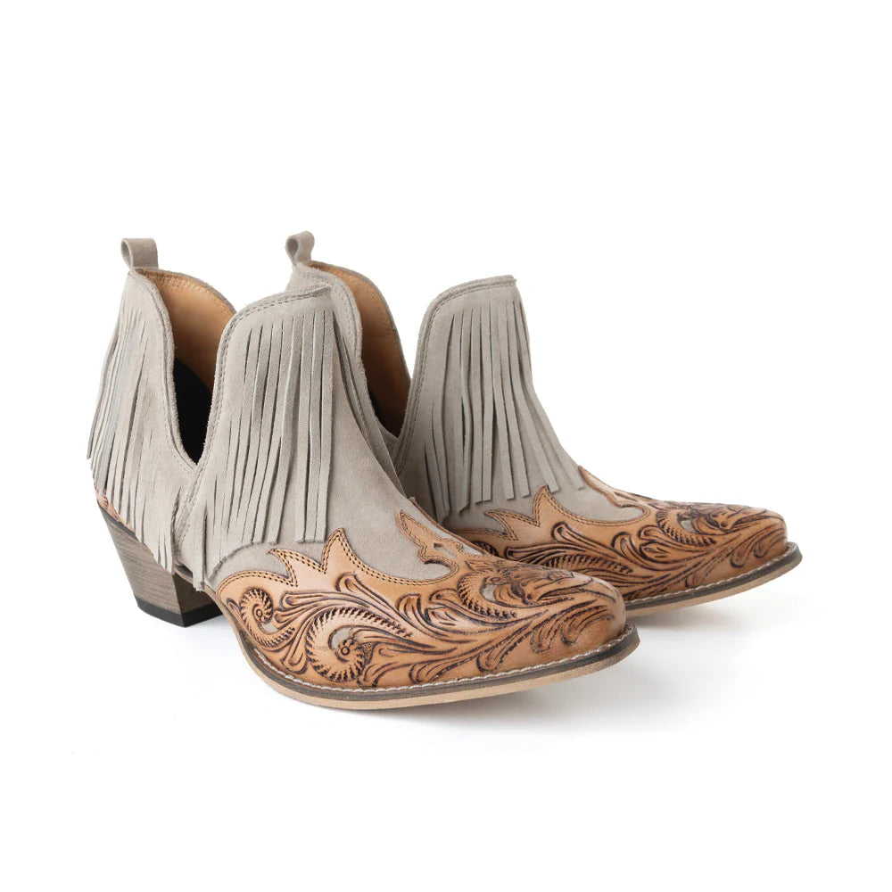 Cimarron Belle Fringed Handtooled Leather Booties In Wild Tan