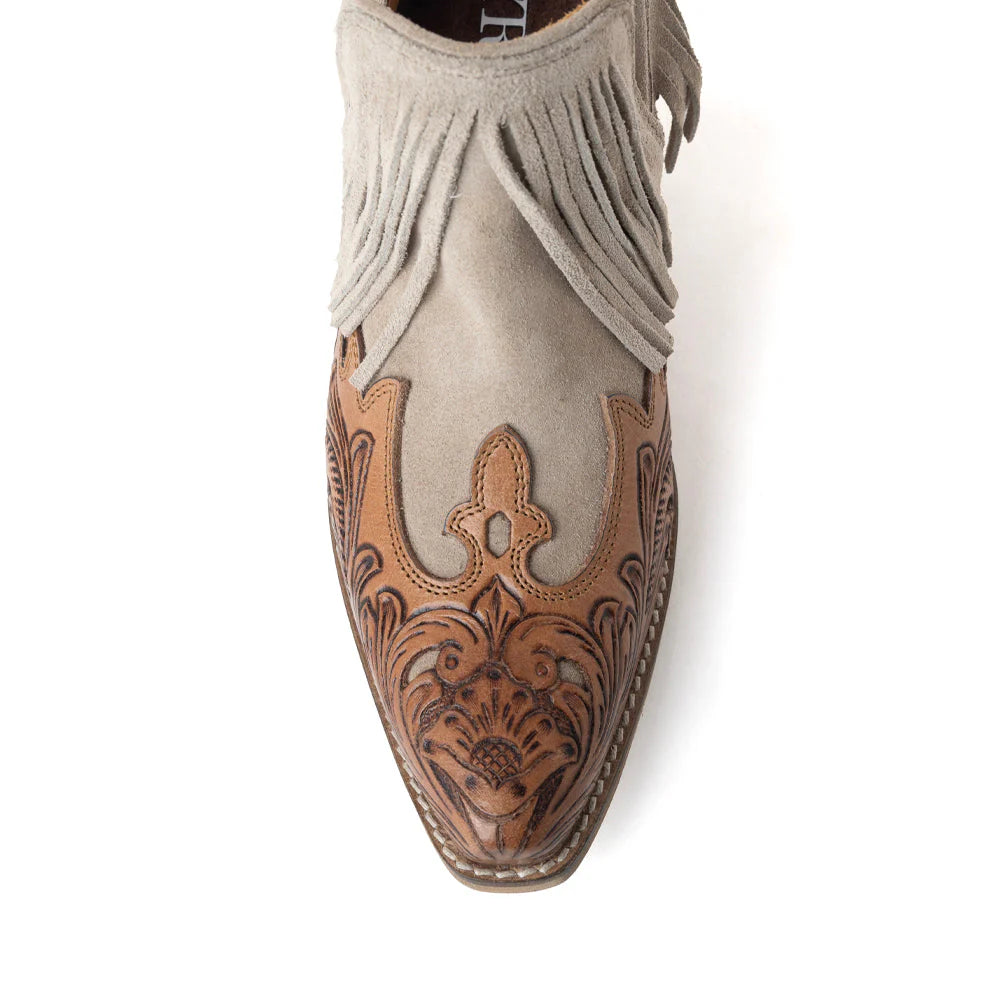 Cimarron Belle Fringed Handtooled Leather Booties In Wild Tan