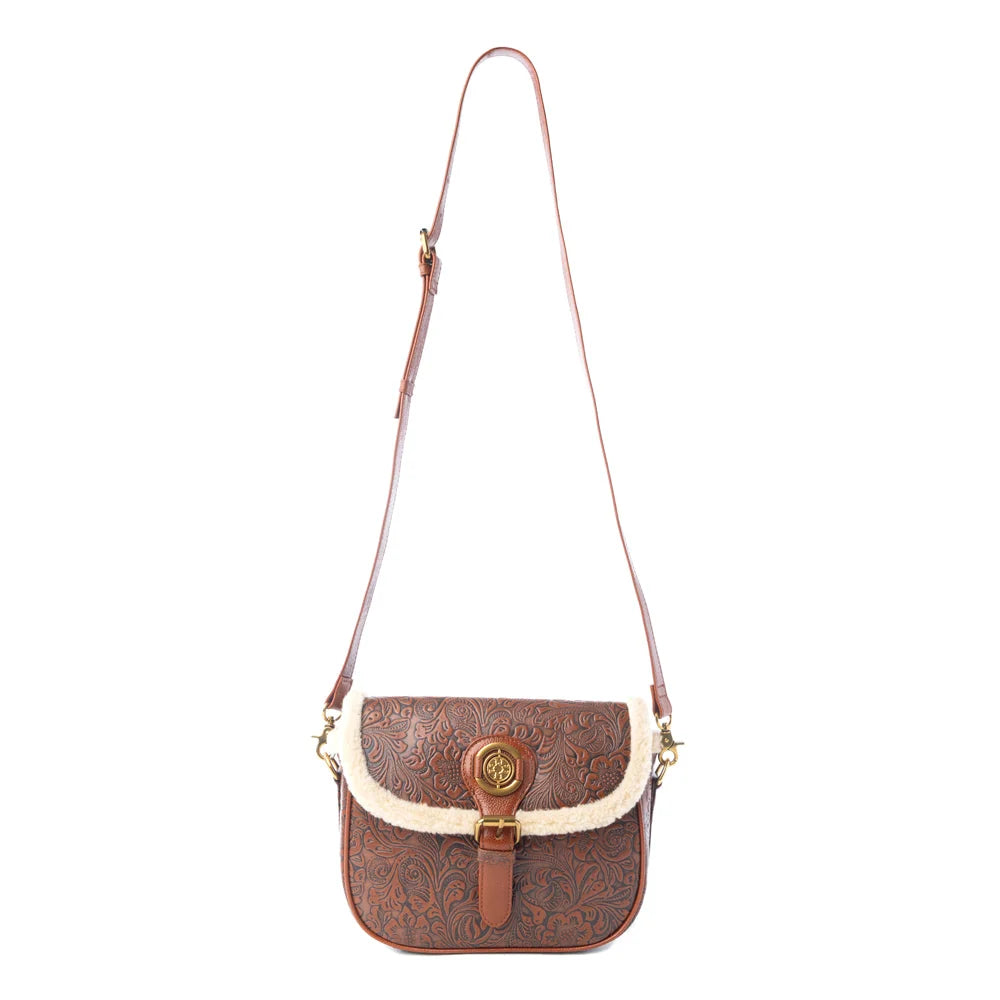 Alpine Rose Embossed Leather Crossbody Bag With Fur Accent In Chestnut Red