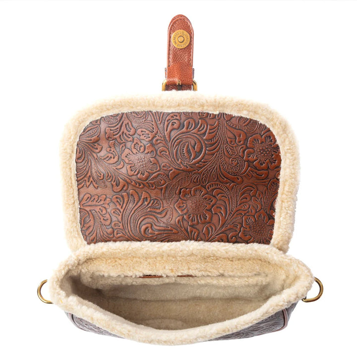 Alpine Rose Embossed Leather Crossbody Bag With Fur Accent In Chestnut Red