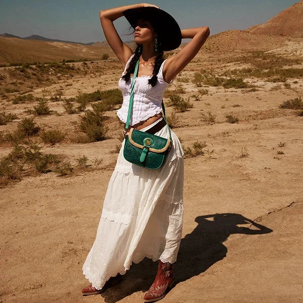 Turquesa Rose Embossed Leather Crossbody Bag With Fur Accent In Cactus Bloom