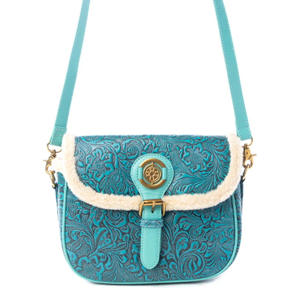 Turquesa Rose Embossed Leather Crossbody Bag With Fur Accent In Cactus Bloom