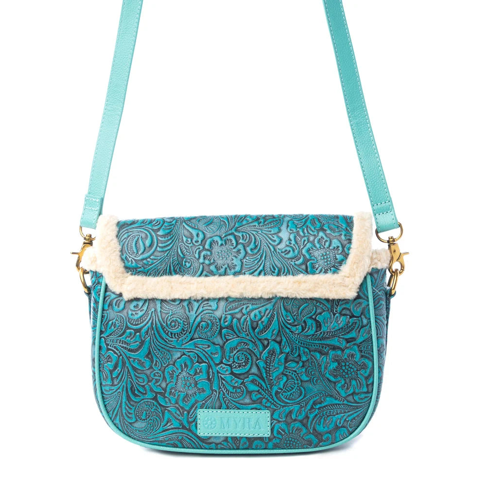 Turquesa Rose Embossed Leather Crossbody Bag With Fur Accent In Cactus Bloom