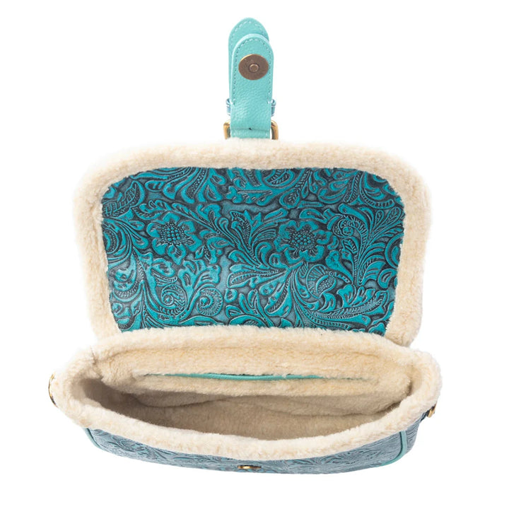 Turquesa Rose Embossed Leather Crossbody Bag With Fur Accent In Cactus Bloom