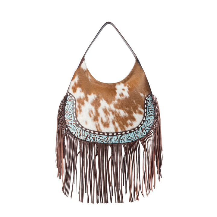 Lasso Lane Hairon Leather Bag For Women In Tan With Fringe And Embossed Detail