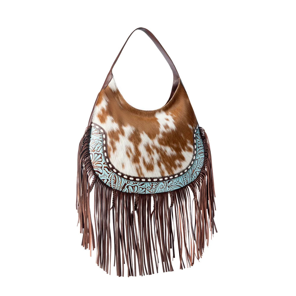 Lasso Lane Hairon Leather Bag For Women In Tan With Fringe And Embossed Detail
