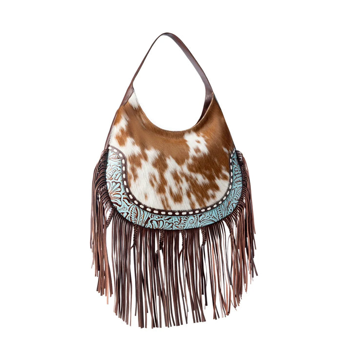 Lasso Lane Hairon Leather Bag For Women In Tan With Fringe And Embossed Detail